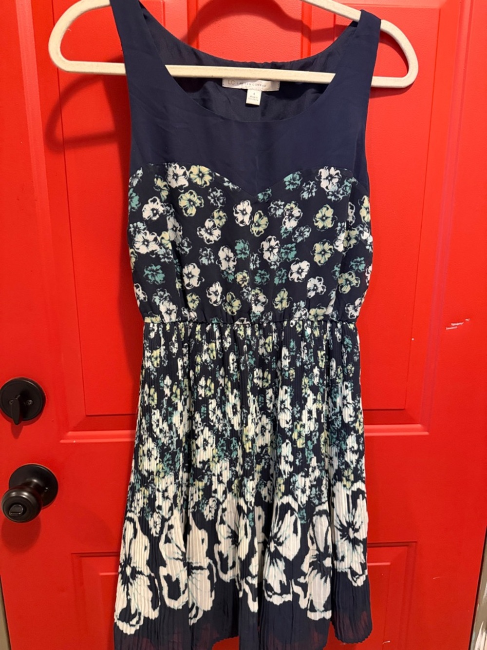 LOFT Navy Floral Pleated Dress with White and Mint Accents